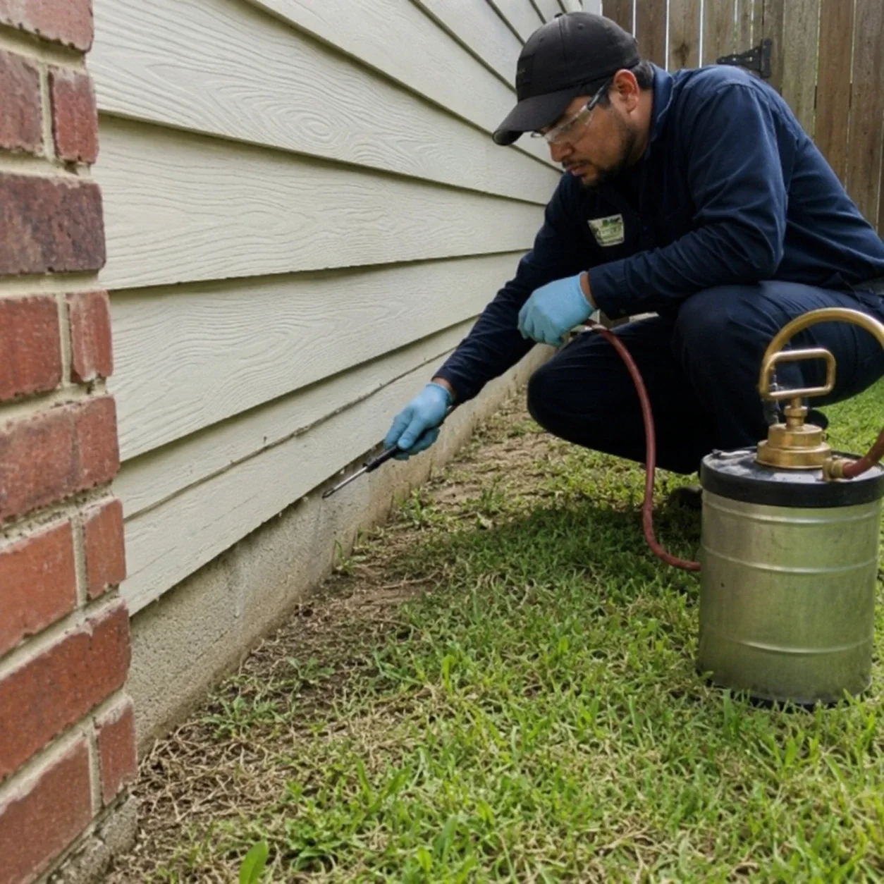 Professional pest control technician treating a home foundation in Mount Pleasant, SC